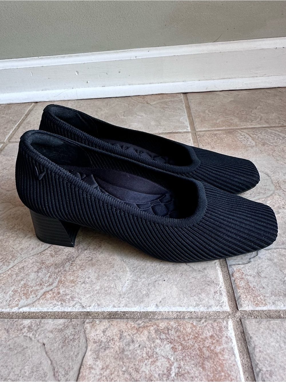 Vivaia Melody Black Ribbed Knit Square Toe Block Heel Shoes​